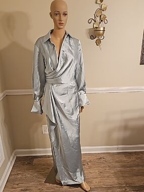 Satin Wrap-Style Long Satin Mint Green Dress